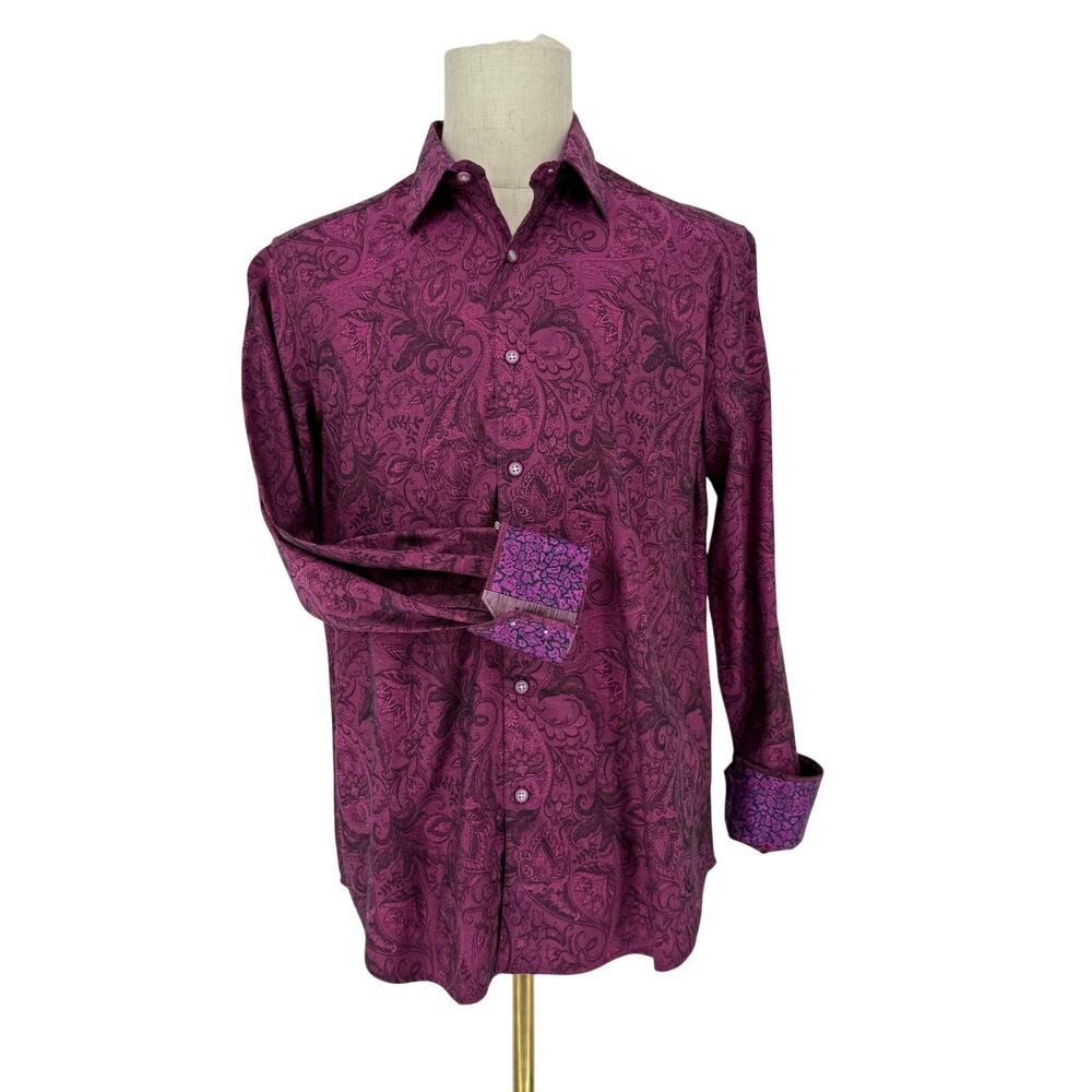 Robert Graham Button Front Long Sleeve Shirt Burgundy Black Paisley Jacquard M